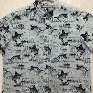 Monte Carlo Marlin Fish Map Print Button Up‎ Short Sleeve Shirt XL